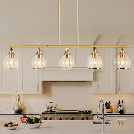 Island Light for Kitchen, 5-Light Gold Kitchen Island Linear Hanging Light Chandeliers, Brushed Gold Dining Room Light Fixture Over Table with Clear Round Glass Shades