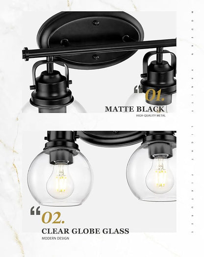 Black Bathroom Light Fixtures, 2-Light 14" Vanity Lights with Clear Globe Glass Shades, Farmhouse Vintage Vanity Lighting Fixtures Over Mirror, E26 Base, AD-2147-2W-BK