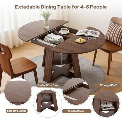 Zevemomo 43"-59" Extendable Dining Room Table for 4-6(Table only), Expandable Round Dining Table, Oval Tabletop with Cross-Shaped Base for Office, Living Room-Dark Brown