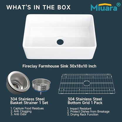 Miuara Farmhouse Sink 30 Inch - White Apron Front Undermount Kitchen Sink Reversible 30"x18"x10", Farm House Style Single Bowl, Heavy Duty Solid Fireclay, Glossy White, for Kitchen