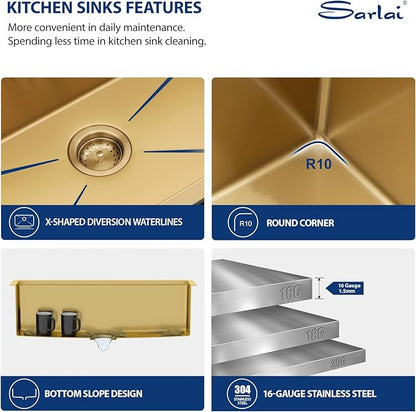 Sarlai 30 Inch Gold Undermount Kitchen Sink - 30" x18" Kitchen Sink Ledge Workstation 16 Gauge Gold Stainless Steel Deep Single Bowl Under Counter Rectangular Kitchen Sinks Basin