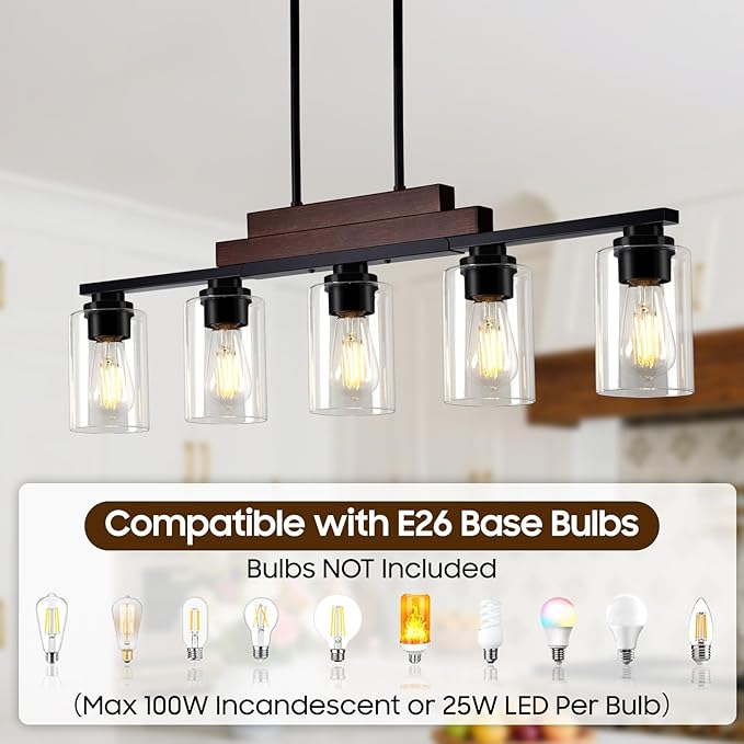 Dining Room Light Fixture Over Table, 5-Light Farmhouse Chandeliers for Dining Room Hanging, Linear Pendant Lights Kitchen Island Lighting, Wood Ceiling Light Fixture with Clear Glass Shade, Black