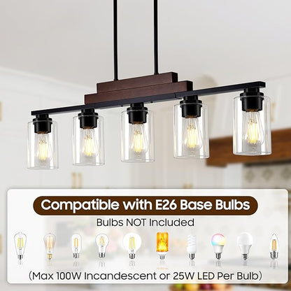 Dining Room Light Fixture Over Table, 5-Light Farmhouse Chandeliers for Dining Room Hanging, Linear Pendant Lights Kitchen Island Lighting, Wood Ceiling Light Fixture with Clear Glass Shade, Black