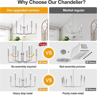 6-Light Farmhouse Chandelier for Dining Room Lighting Fixtures Hanging, Brushed Nickel Dining Light Fixtures Industrial Chandelier for Bedroom, Foyer, Hall, Kitchen, Living Room and Entryway