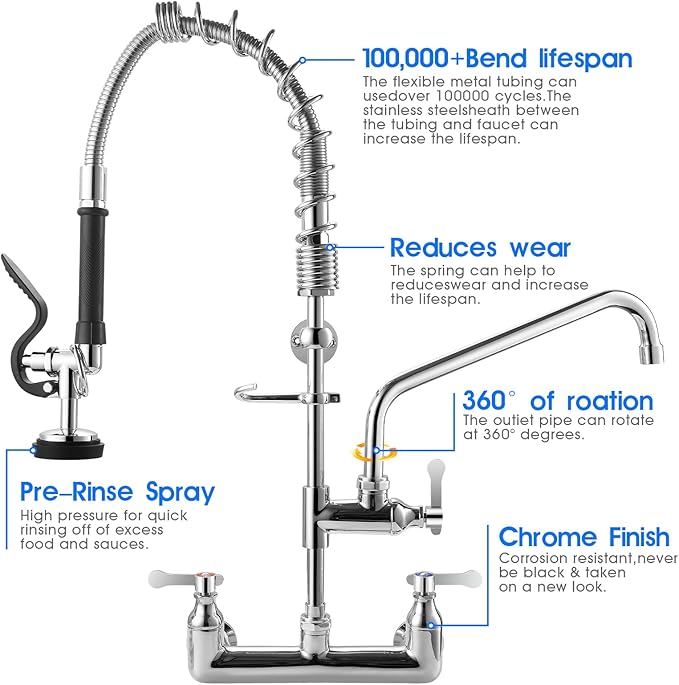 Commercial Kitchen Faucet with Pre-Rinse Sprayer 8 Inch Center Wall Mount Kitchen Sink Faucet with Pull Down Spray - 25" Height Compartment Sink Faucets with 12 Inches Add-On Spout
