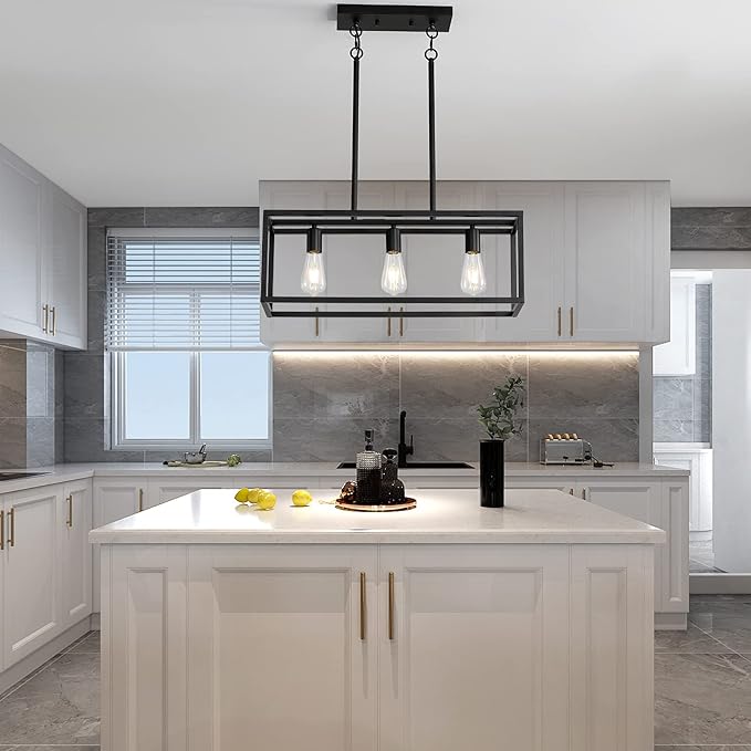 Black Kitchen Island Lighting, Modern Linear Cage Retangular Chandelier, 3 Lights Industrial Metal Hanging Light Fixture for Farmhouse Kitchen Dining Room Bar Foyer