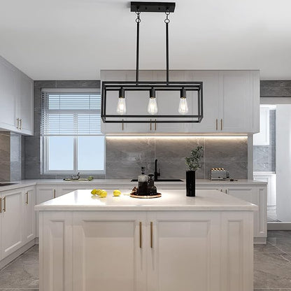 Black Kitchen Island Lighting, Modern Linear Cage Retangular Chandelier, 3 Lights Industrial Metal Hanging Light Fixture for Farmhouse Kitchen Dining Room Bar Foyer