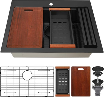 Black Drop In Kitchen Sink 31" X 22",Top Mount 16 Gauge Stainless Steel Workstation Sink,Deep & Large Single Bowl Kitchen Sinks (Black, 31" X 22")