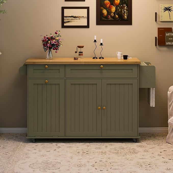 ComfyCorner 60" Rolling Large Kitchen Island on Wheels with Extendable Table, Drop Leaf & Power Outlet, Mobile Kitchen Cart with Storage Cabinet, 2 Drawers, Spice Rack, Towel & Knife Holder, Green