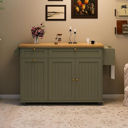 ComfyCorner 60" Rolling Large Kitchen Island on Wheels with Extendable Table, Drop Leaf & Power Outlet, Mobile Kitchen Cart with Storage Cabinet, 2 Drawers, Spice Rack, Towel & Knife Holder, Green