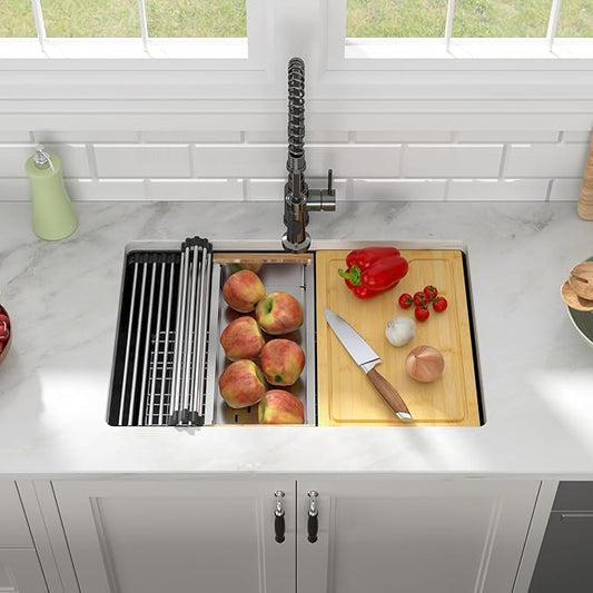 28x19 Inch Undermount Kitchen Sink, Matte Black Granite Composite Ledge Workstation Quartz Sink, Single Bowl Deep Under Counter Sink