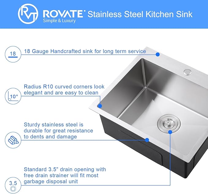 ROVATE 24 x 18 inch Drop-in Kitchen Sink Single Bowl, Topmount Stainless Steel Sink with1 Hole, Handmade Overmount Kitchen or Bar Sinks with Basket Strainer