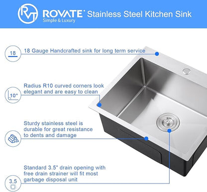 ROVATE 24 x 18 inch Drop-in Kitchen Sink Single Bowl, Topmount Stainless Steel Sink with1 Hole, Handmade Overmount Kitchen or Bar Sinks with Basket Strainer