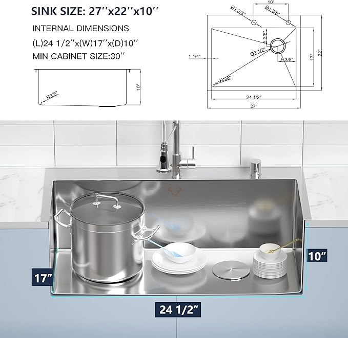 Kitchen Sink 27 x 22 inch Drop-In Top Mount 16 Gauge Tight Radius Single Bowl 2-Hole Stainless Steel Kitchen Sink and Accessories (Pack of 4)