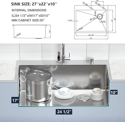 Kitchen Sink 27 x 22 inch Drop-In Top Mount 16 Gauge Tight Radius Single Bowl 2-Hole Stainless Steel Kitchen Sink and Accessories (Pack of 4)