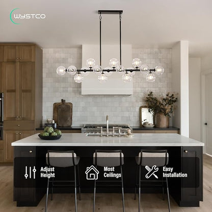 56 Inch Black Linear Chandeliers for Dining Room, Kitchen Island, Living Room, 16-Light Mid Century Modern Light Fixture Over Table, Large Clear Glass Globe Sputnik Bubble Chandelier
