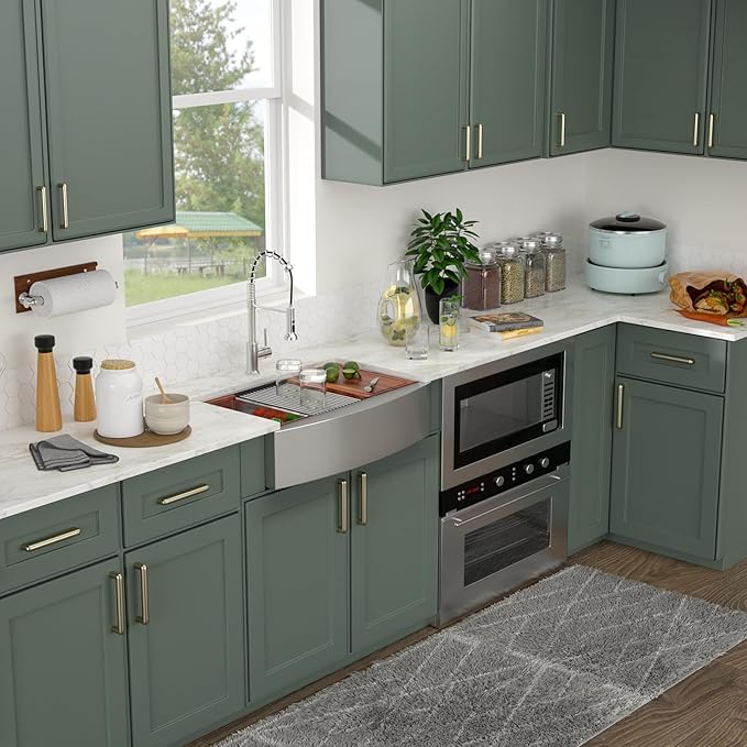 Logmey 33 Inch Farmhouse Sink Double Bowl 50/50 Sink 33x21 Inch Stainless Steel Apron Front Kitchen Sink Ledge Workstation Low Divide Double Bowl 50/50 16 Gauge Farm Kitchen Sinks