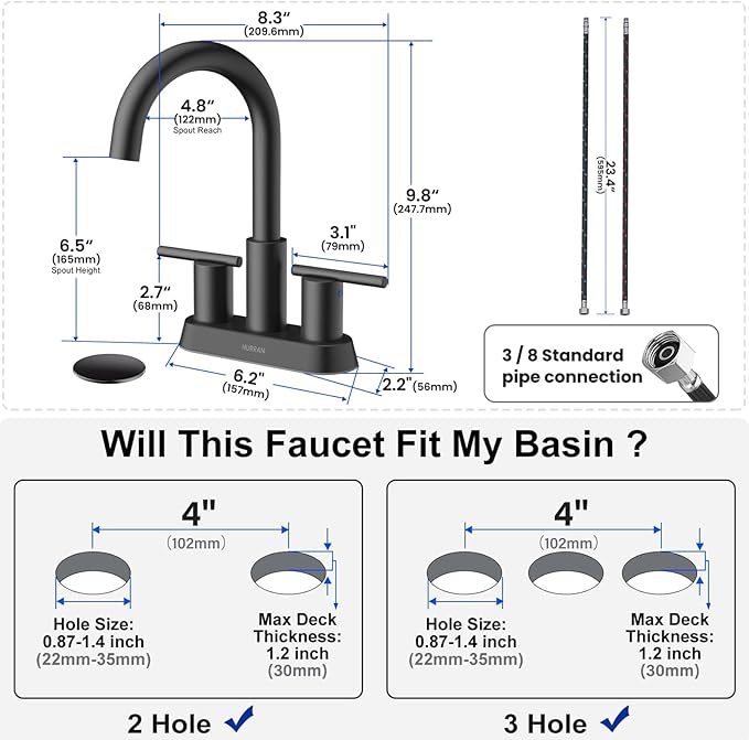 Hurran 4 Inch Bathroom Faucet for Sink 3 Hole, Matte Black Bathroom Faucet with Pop-up Drain and 2 Supply Hoses,Stainless Steel Lead-Free 2-Handle Centerset Faucet for Sink Vanity RV