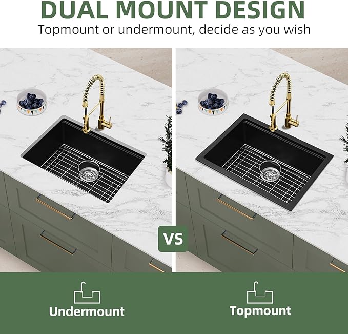 Davivy 24 Inch Black Granite Composite Kitchen Sink Workstation, 24 x 18 Black Undermount/Drop In Kitchen Sink, Deep Quartz Single Bowl with Accessories