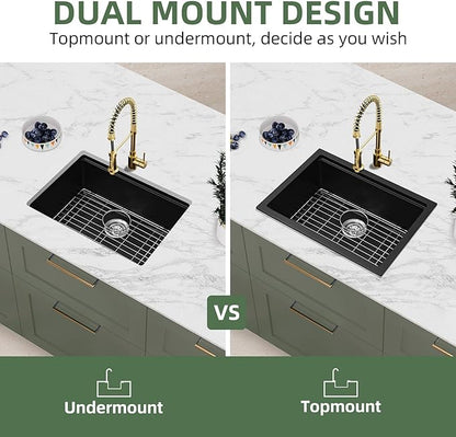 Davivy 24 Inch Black Granite Composite Kitchen Sink Workstation, 24 x 18 Black Undermount/Drop In Kitchen Sink, Deep Quartz Single Bowl with Accessories