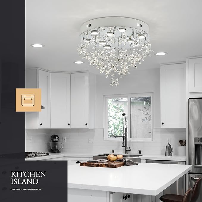 9-Lights Modern Chandelier K9 Crystal Lighting Fixture,20 Inch Round Silver Stainless Steel Flush Mount Ceiling Lights for Bedroom Foyer Hallway Dining Room,GU10 Bulbs Include