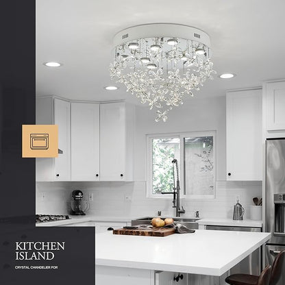 9-Lights Modern Chandelier K9 Crystal Lighting Fixture,20 Inch Round Silver Stainless Steel Flush Mount Ceiling Lights for Bedroom Foyer Hallway Dining Room,GU10 Bulbs Include