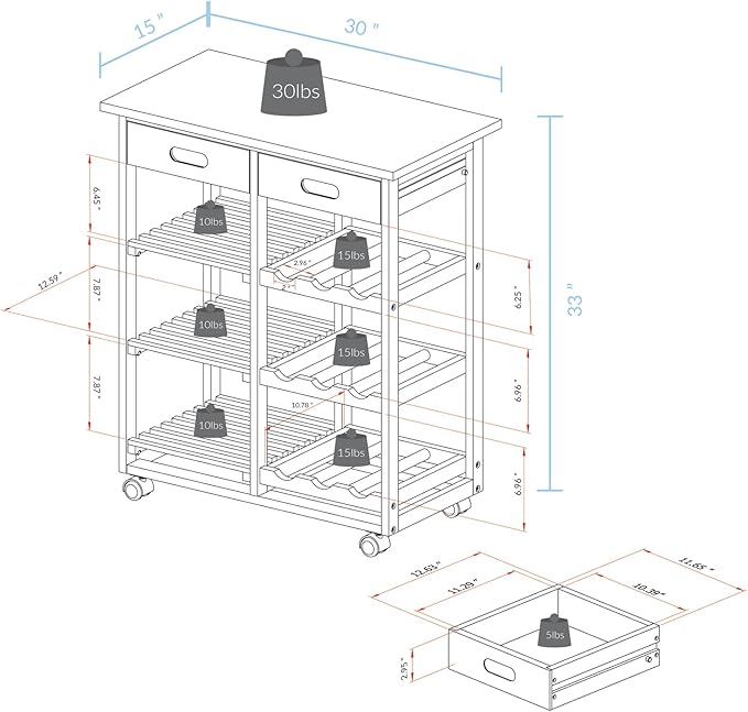 Casual Home Solid Wood 28" Wide l 4-Tier Rolling Kitchen Island Trolley with Wine Rack and Drawer, Mocha/Black