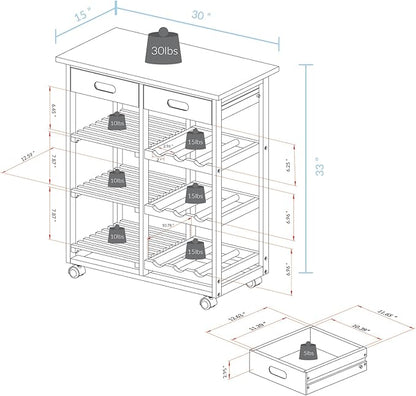 Casual Home Solid Wood 28" Wide l 4-Tier Rolling Kitchen Island Trolley with Wine Rack and Drawer, Mocha/Black