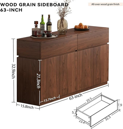 63"Buffet Cabinet with Drawers & Door, Set of 2 Modular Stackable Sideboard Coffee Bar Cabinet with Adjustable Shelves, Matte Walnut Storage Accent Credenza for Living Room Dining Room Hallway