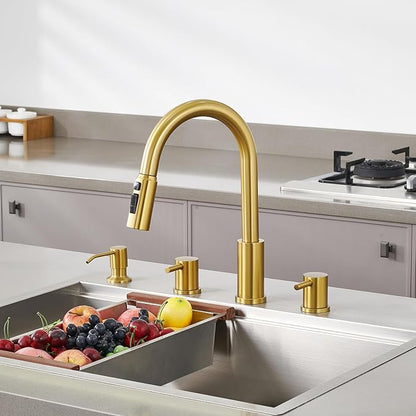 Tohlar 4 Hole Kitchen Faucet, Brushed Gold Kitchen Faucet with Soap Dispenser and Pull Down Sprayer 3 Modes Kitchen Sink Faucets, Stainless Steel High Arch Kitchen Sink Faucet with Separate Handle
