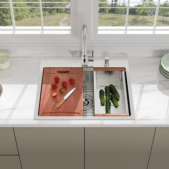 25 Drop In Kitchen Sink - Beslend 25x22 Kitchen Sink Drop In Workstation with Faucet, Stainless Steel Sinks and Soap Dispenser Topmount 16 Gauge Single Bowl Above Counter Dish Basin 9" Deep