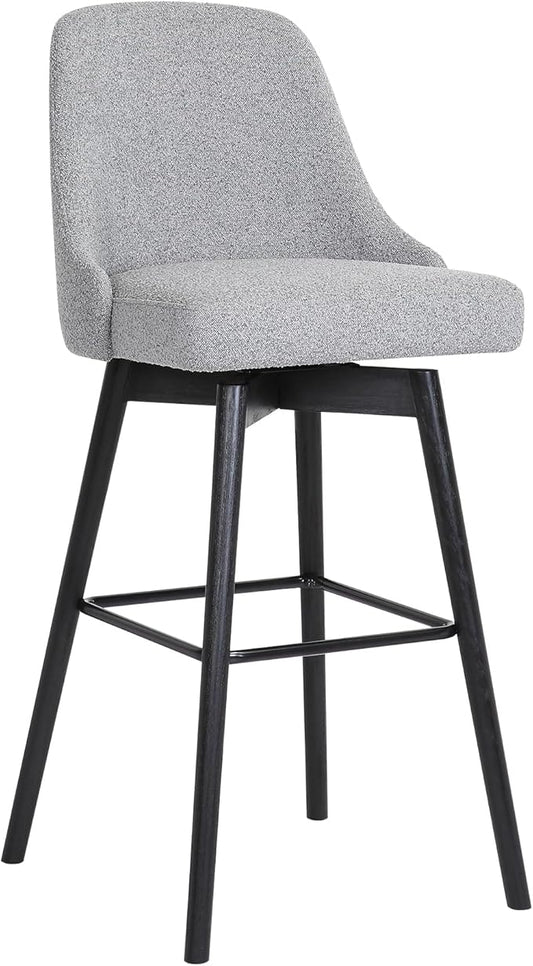 Armen Living Sicily Modern Farmhouse 26" Seat Height Swivel Black Wood Bar Stool for Kitchen Island Counter in Light Gray Fabric