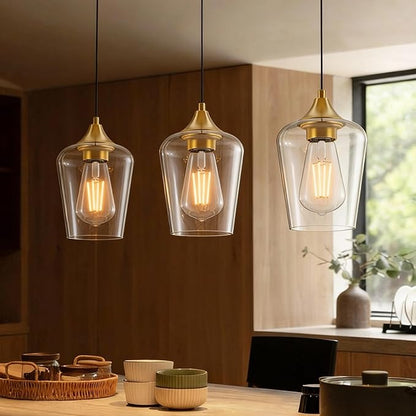 Ralbay Farmhouse Brushed Gold Pendant Light 3-Pack, Pendant Light Fixtures with Wine Clear Glass Shade, Kitchen Island Lighting for Dining Room, Rustic Adjustable Hanging Lighting Fixture
