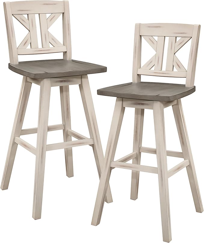 Lexicon Bar Height Bar Stools Set of 2-Solid Wood Frame 360° Swivel Wooden Stools, Foot Rest, KK Back, Wide Seat, Distressed Farmhouse Easy to Clean Finish, 28.5" SH, Antique White/Grey