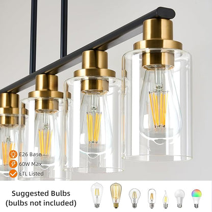 Dining Room Light Fixture,5-Light Farmhouse Linear Chandeliers for Dining Room Over Table，Matte Black and Gold Finish Kitchen Island Pendant Lighting for Kitchen Island，Pool Table Light