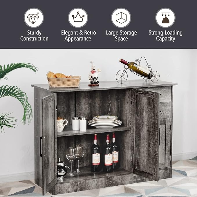 Giantex Buffet Server Sideboard Storage Cabinet Console Table Utensils Organizer Kitchen Dining Room Furniture, Entryway Cupboard with 2-Door Cabinet and 2 Drawers (Weathered Oak)