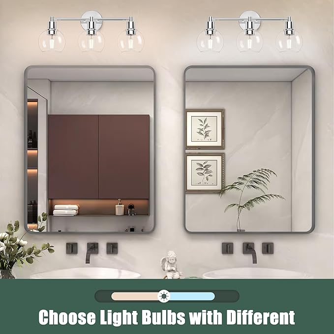 Espird 3 Lights Bathroom Vanity Light Fixtures Chrome, Bathroom Lights Over Mirror, Industrial and Farmhouse 3 Light Wall Sconce, Polished Chrome Globe Vanity Lighting Fixtures