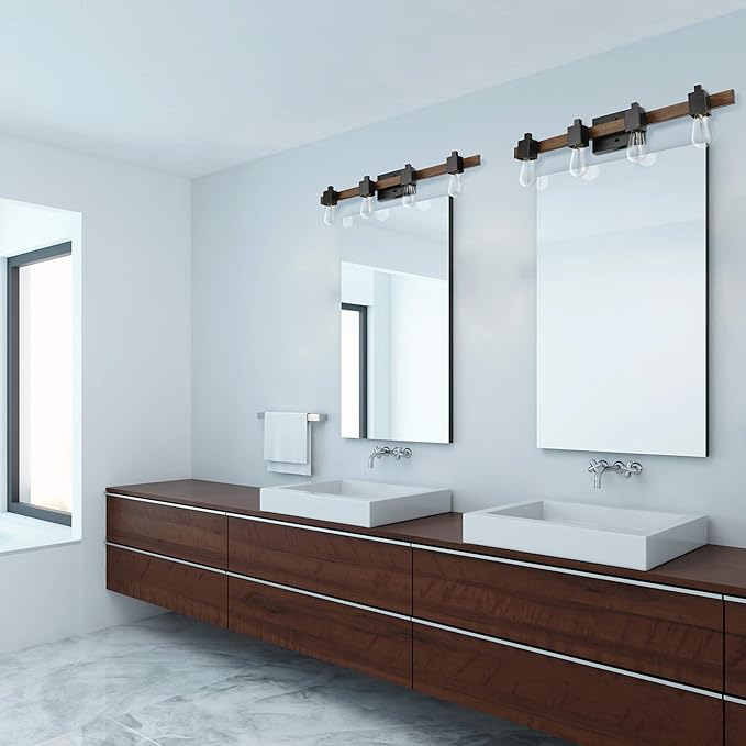 Globe Electric Phoenix 4-Light Vanity Light, Matte Black, Dark Faux Wood, Bulb Not Included
