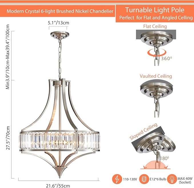 Brushed Nickel Chandeliers for Dining Room, Rustic Farmhouse Crystal Chandelier with Round Metal Shade, Modern 6-Light Large Light Fixture for Hallway, Bedroom, Foyer