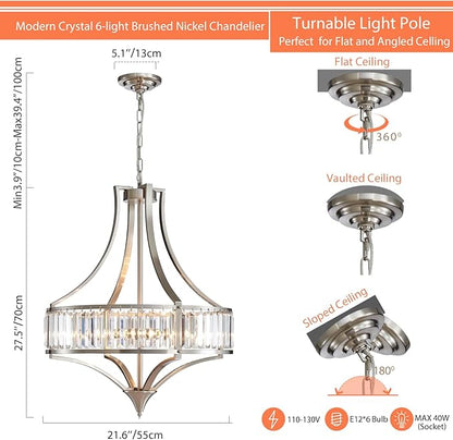 Brushed Nickel Chandeliers for Dining Room, Rustic Farmhouse Crystal Chandelier with Round Metal Shade, Modern 6-Light Large Light Fixture for Hallway, Bedroom, Foyer