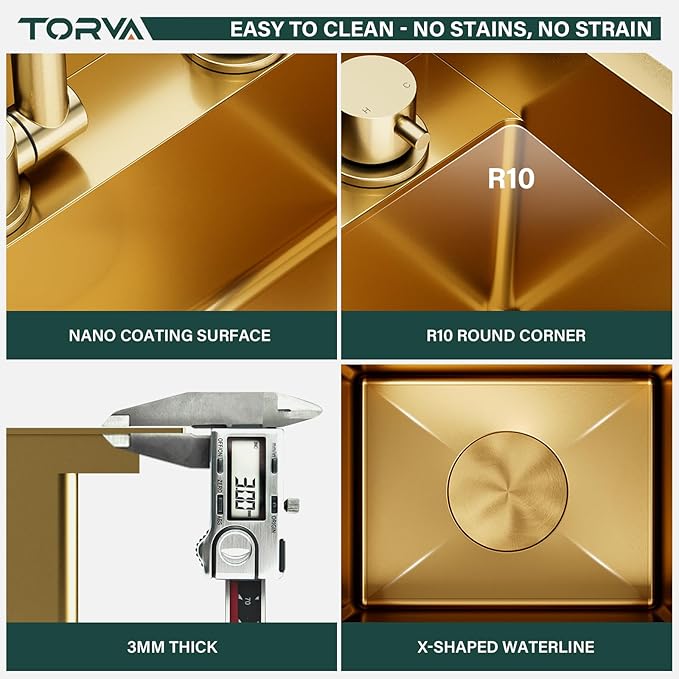 TORVA Gold Stainless Steel RV Sink, 16x17x9 Inch Undermount Single Bowl Kitchen Sink, Nano Coating, 16 Gauge Durable Bar Sink for RV, Camper, Trailer, and Small Kitchen