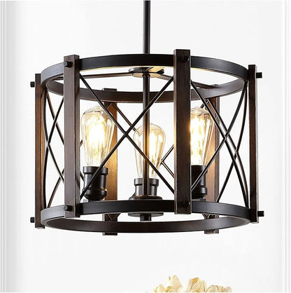 JONATHAN Y 16" Oil Rubbed Bronze 3-Light Farmhouse Drum Pendant Light, Industrial Dimmable LED Chandelier for Kitchen, Iron Metal Basket Shade, Bulbs Included JYL7501A