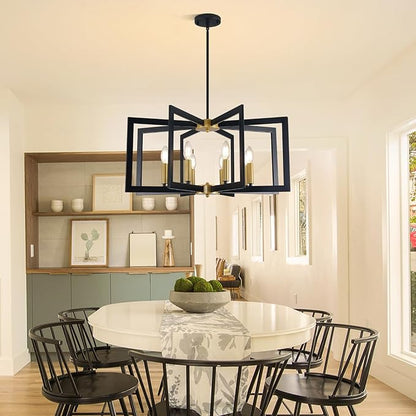 27.6" Modern Black and Gold Chandelier for Dining Room, 8-Light Easy To Install Farmhouse Dining Room Light Fixture Over Table, Industrial Hanging Pendant Lights for Kitchen Island, Foyer, Entryway