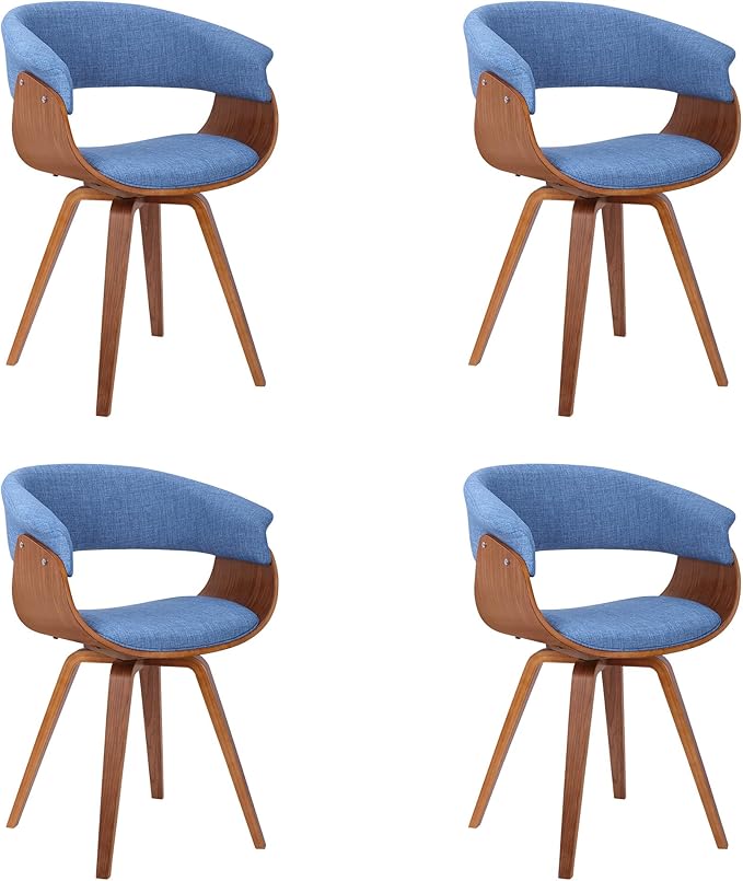Armen Living Summer Mid-Century Chair in Blue Fabric with Walnut Wood Finish - Set of 4