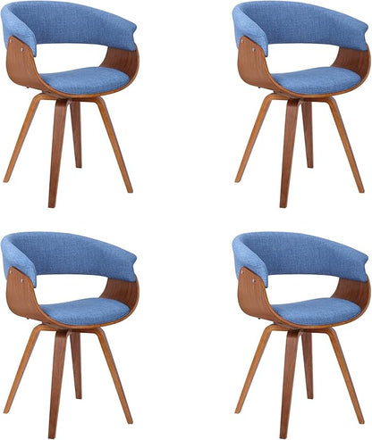 Armen Living Summer Mid-Century Chair in Blue Fabric with Walnut Wood Finish - Set of 4