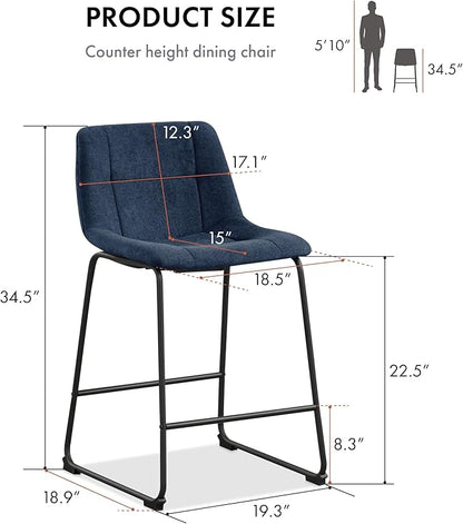 Furniture of America Veradis Modern Bentwood Counter Height Dining Chairs Set of 2, Chenille Fabric Bar Stool with Back and Metal Frame, Upholstered Seating for Kitchen, Living Room, Blue, 35 inch