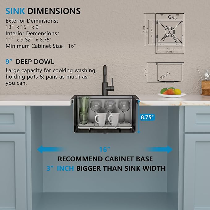 13"x15" Drop In Bar Prep Sink Workstation – Gunmetal Black NANO-PVD, 16 Gauge 304 Stainless Steel, Single Bowl Top Mount Wet Bar RV Outdoor Kitchen Sink with Faucet