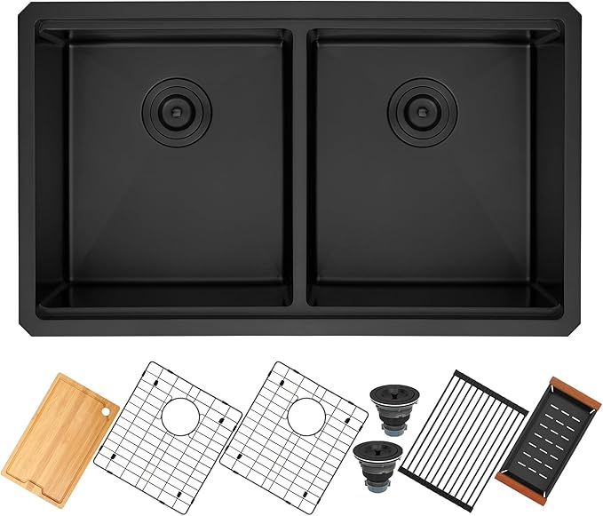 32 Inch Black Sink Undermount Double Bowl, 16 Gauge 50/50 Double Bowl Stainless Steel Workstation Sink, 32"x19"x10" Large and Deep Kitchen Sink With Accessories