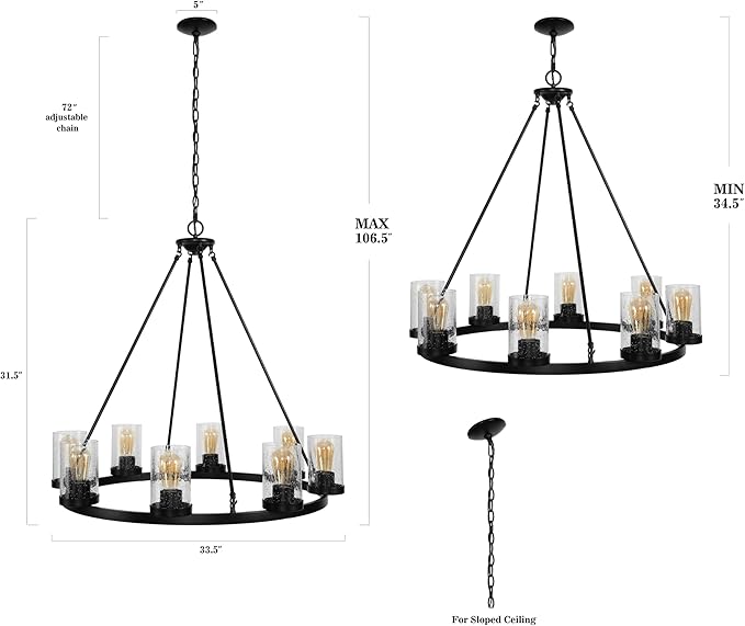 JONATHAN Y 33.5" Oil Rubbed Bronze 8-Light Rustic Farmhouse LED Chandelier, Round Metal Wagon Wheel Pendant Lighting for Dining Room Kitchen with Seeded Glass Shade (JYL7554A)