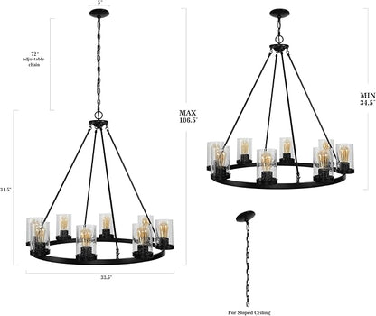 JONATHAN Y 33.5" Oil Rubbed Bronze 8-Light Rustic Farmhouse LED Chandelier, Round Metal Wagon Wheel Pendant Lighting for Dining Room Kitchen with Seeded Glass Shade (JYL7554A)